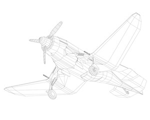 Retro aircraft wireframe model with detailed wings, propellers, and tail on a clean white background. The realistic 3D rendering highlights precise lines and curves.