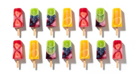 Colorful Fruit Popsicles with Strawberry, Blueberry, Lime, and Orange on White Background