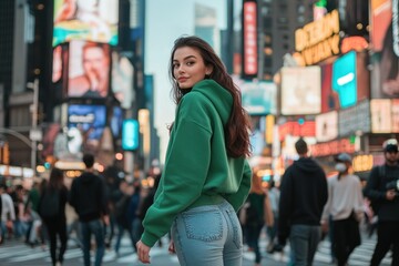 Young woman in green hoodie at night in city neon lights. Neural network AI generated