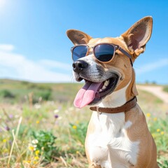 a cool dog wearing sunglasses on a sunny day