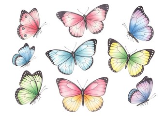 A collection of beautiful watercolor butterflies in various pastel hues fluttering against a white background