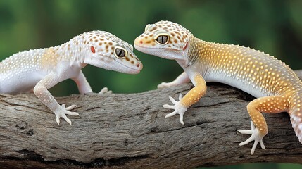 Obraz premium Two leopard geckos one white spotted one yellow orange spotted on a branch facing each other Blurred green background