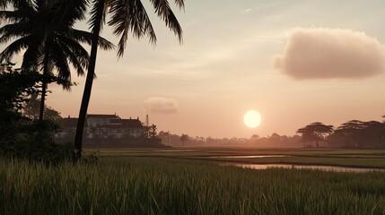 Warm golden sunrise illuminates green rice fields Silhouetted palm trees and a traditional building stand against a serene sky