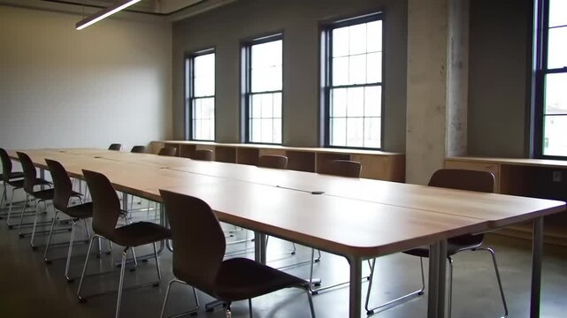 Modern conference room with long wooden table and empty chairs, large windows letting in light