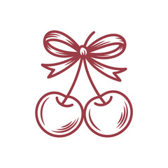Illustration of Two Cherries Tied with a Bow Knot Line Art Style Isolated on White Background