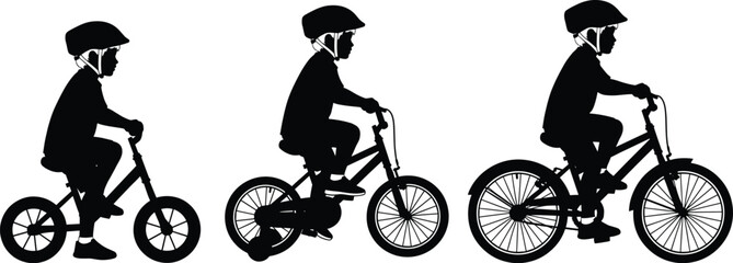 Silhouette of Child Bicycle Progression Set with Helmet, Training to Pedal Bike, Vector Illustration Isolated on White Background for Design