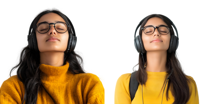 Young student Indian woman wearing headphones on a transparent background