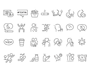 Set of outline icons related to bad habits. Linear icon collection