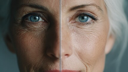 Fototapeta premium A close-up of a mature Caucasian woman's face, showcasing the contrast between aged and youthful skin on either side.