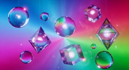 Colorful Abstract 3D Geometric Shapes with Reflections and Glow on Vibrant Rainbow Gradient Background
