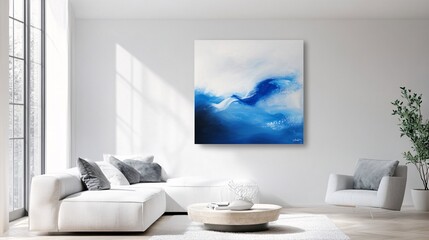 Bright Living Room Interior with Modern Blue and White Abstract Painting