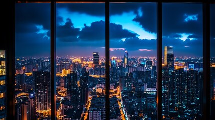 City skyline at night seen through windows
