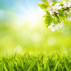 Obraz premium A vibrant springtime scene featuring blooming flowers, sunlit grass, and a bright sky