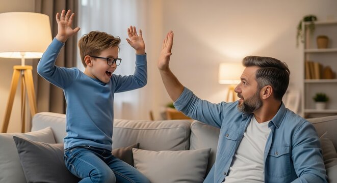 Synchronized Joy: A Father and Son's Triumphant High-Five During a Video Game Victory.