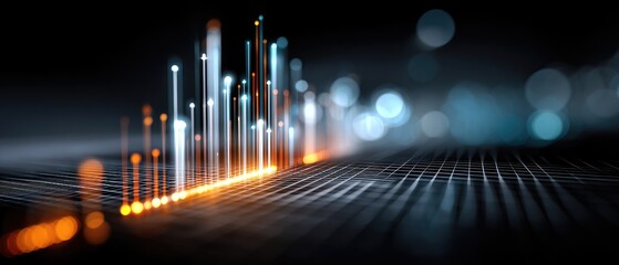 analysis business charts concept. Abstract digital visualization with colorful lines and glowing dots on a dark background.