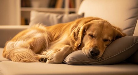 The Heart of the Home: A Golden Retriever Sleeping Peacefully on a Cozy Living Room Sofa.