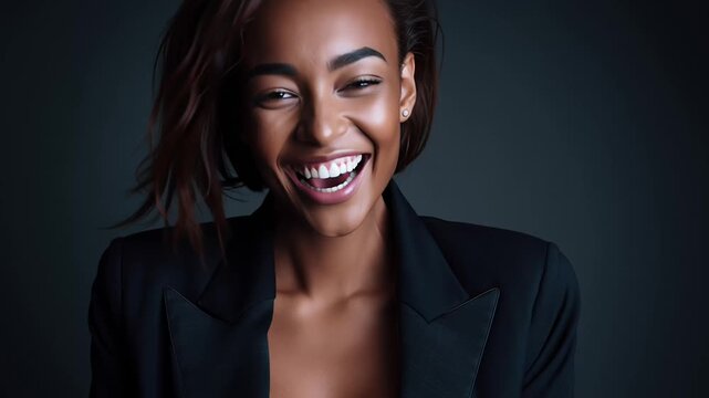 A woman in a black blazer is joyfully laughing, with her head tilted back, against a dark background.