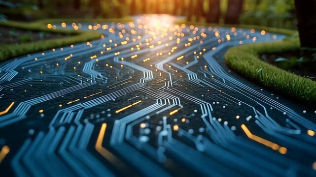 A stream of glowing circuits flows through a lush green forest at sunset.