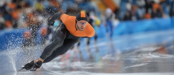 An ice racing participant wears orange and black clothing during a challenging winter sporting occasion, emphasizing speed and endurance.