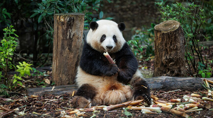Giant panda He hua (hua hua)eat bamboo shoots in the zoo, china