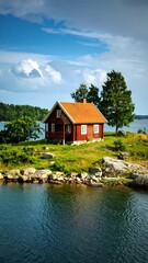 Obraz premium Red cabin on an island