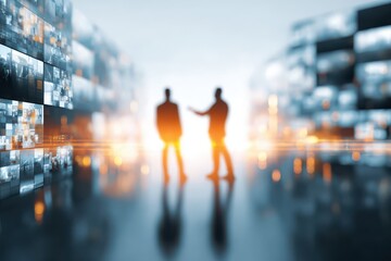 Glowing silhouettes communicate in futuristic digital data setting.