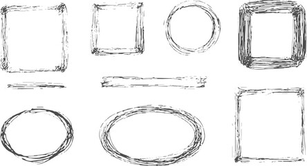 A collection of hand drawn sketchy frames and borders in various shapes and styles on a white background