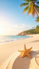 a starfish on a sunny beach near the ocean with palm trees in the background. It's a perfect scene for relaxation and tropical paradise