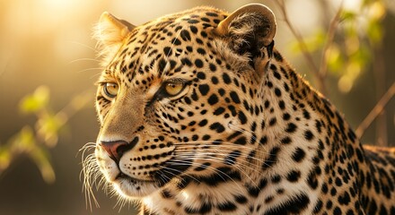 Fototapeta premium African leopard's intense gaze during golden hour, close-up wildlife portrait.