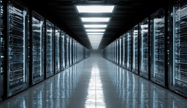 Rows of server racks in a dark, narrow, shiny, and futuristic data center
