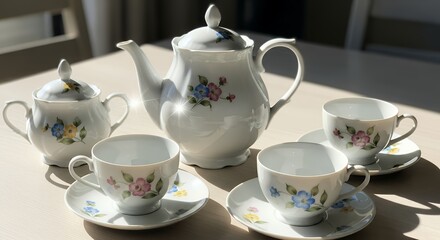 Fototapeta premium White Porcelain Tea Set with Floral Design on Wooden Table Bathed in Sunlight