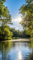 Fototapeta premium Sunny river scene with lush trees