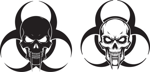 Minimalist black and white skull icons with biohazard symbols – aggressive toxic-themed silhouettes for edgy stock design.