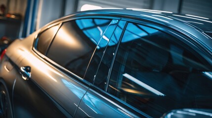 Obraz premium High-quality photo of closeup view of car window tint installation. Dark tinted car window. Modern vehicle. Heat rejection, UV protection. Professional auto service. New car model.