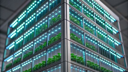 Fototapeta premium Agricultural Technology + Vertical Farming + Food Automation Vertical farm showcasing hydroponic plants illuminated by LED lights.