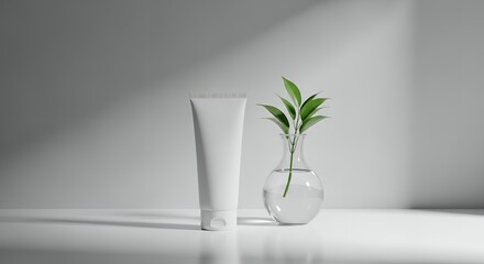 White Blank Cosmetic Cream Tube and Green Leaves in Glass Vase for Natural Skincare Product Mockup Display