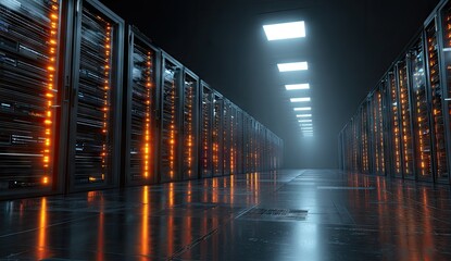 Servers process data in a dark data center with network lights for IT infrastructure