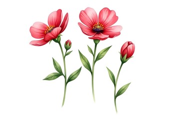 Fototapeta premium Delicate watercolor painting of vibrant pink poppy flowers and buds on a white background