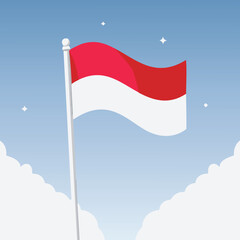 Vector Illustration of Indonesian Flag Waving in the Sky with Clouds