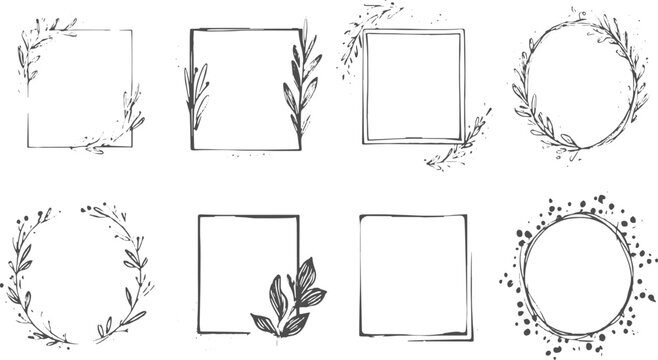Collection of hand drawn floral frames and borders with botanical elements and splatters