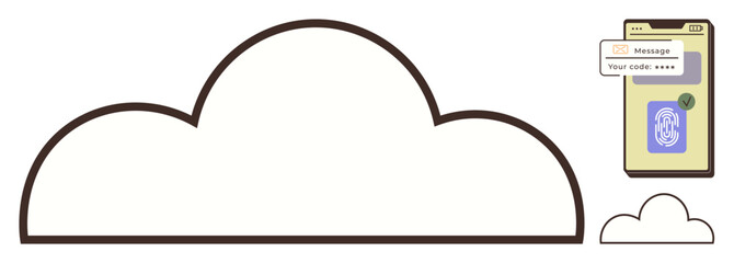 Cloud outline representing storage and technology, smartphone with security code verification, fingerprint authentication option. Ideal for cybersecurity, cloud services, authentication, mobile tech