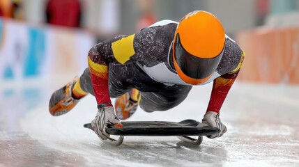 A skeleton competitor speeds down a frozen course with intense concentration, capturing the thrill of adrenaline in winter sports.