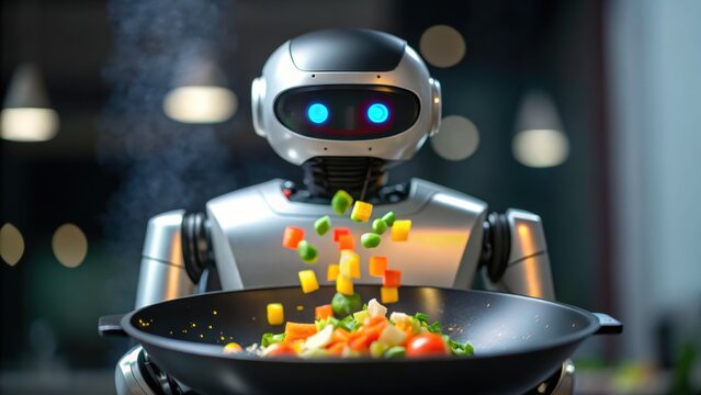 Agricultural Technology + Vertical Farming + Food Automation A robot chef cooking vegetables in a modern kitchen setting.