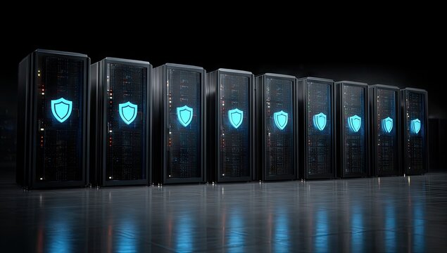 Secure servers arrayed in a row, each bearing a blue shield emblem