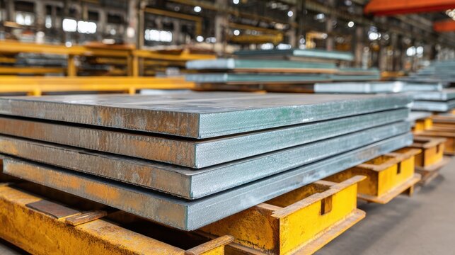 High-quality photo of galvanized metal sheets in industrial warehouse. Aluminum, steel plates stacked for manufacturing. Metalwork factory production, metal industry, metalworking.