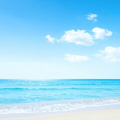 Obraz premium A tranquil scene of a sandy beach, a shimmering ocean, and a bright blue sky with fluffy clouds, creating a sense of peace and serenity. The image evokes feelings of warmth, relaxation.