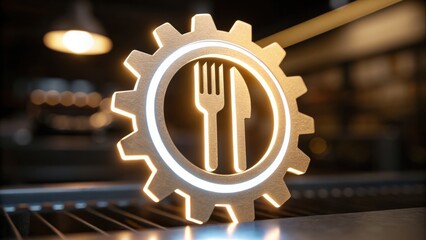 Agricultural Technology + Vertical Farming + Food Automation Illuminated gear symbol featuring cutlery, representing food service or culinary industry concepts.