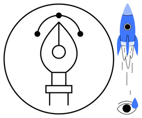 Pen tool inside circle with connecting points, blue rocket launching, and eye symbol. Ideal for creativity, innovation, vision, graphic design, technology branding and startups. Simple flat