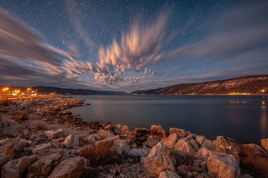 Night sky over tranquil lake, dramatic clouds