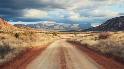Dusty road winds through a desert landscape under a dramatic sky